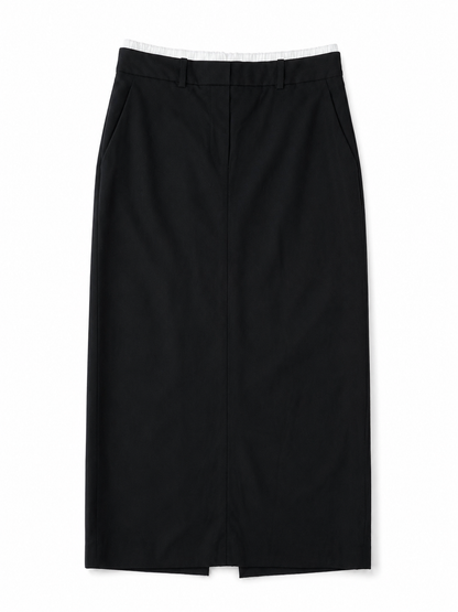 Jupe longue noire droite à taille élastiquée contrastée