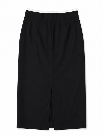 Jupe longue noire droite à taille élastiquée contrastée