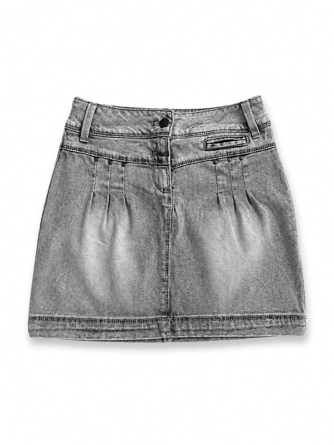 Jupe courte en denim gris délavé à plis et clous