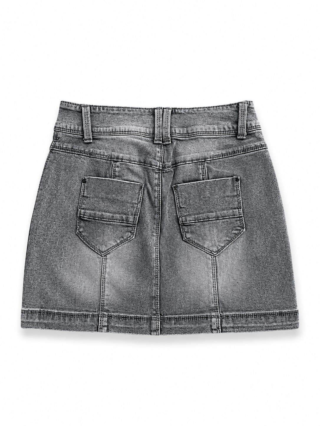 Jupe courte en denim gris délavé à plis et clous