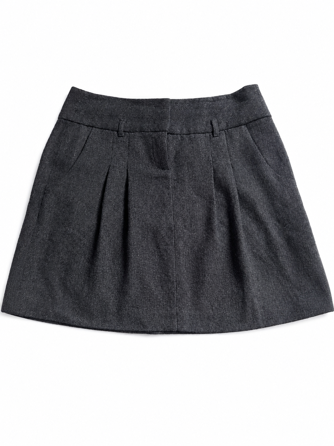 Jupe courte grise à chevrons – Coupe évasée plissée