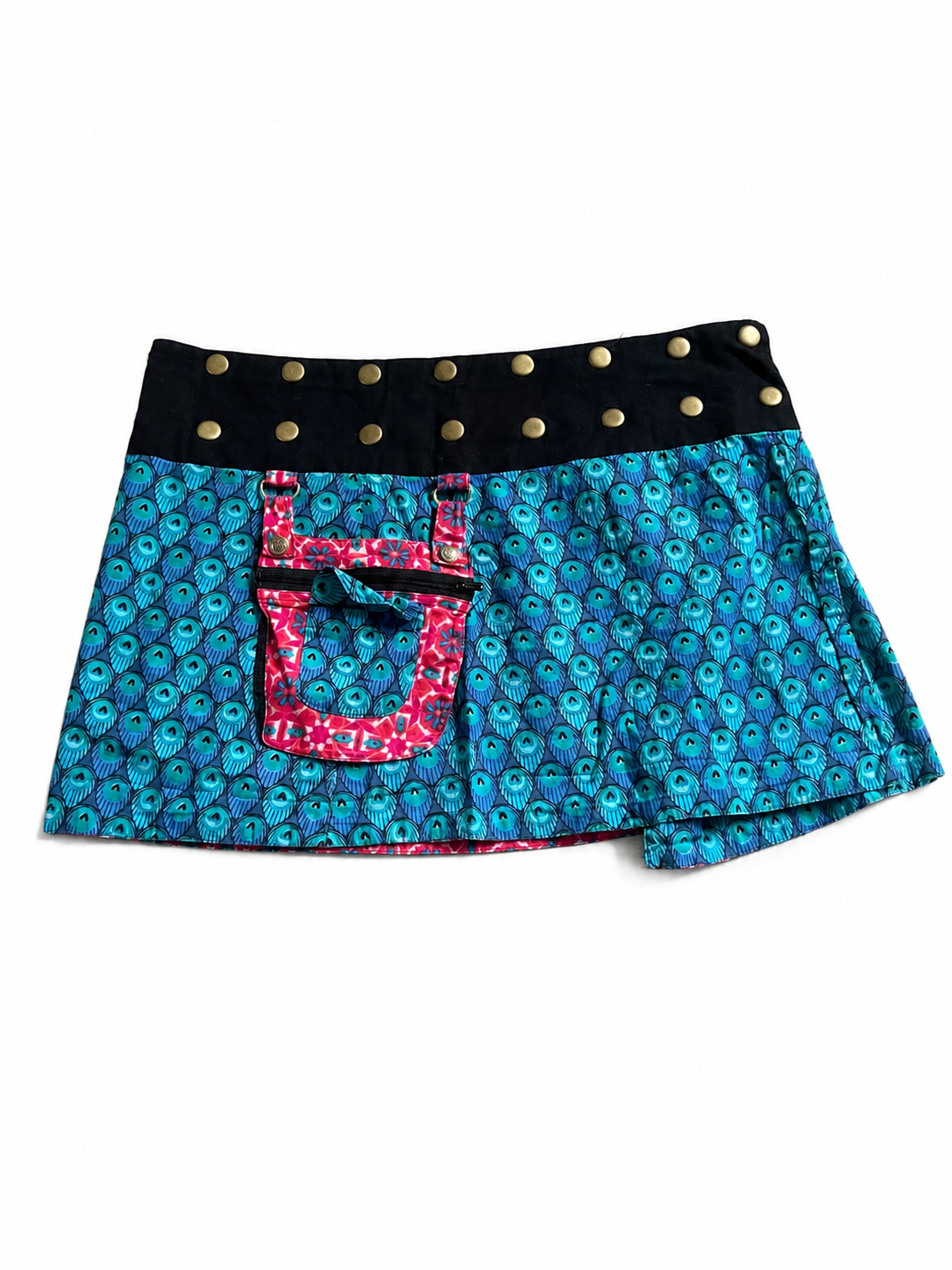 Jupe courte imprimée turquoise à ceinture cloutée