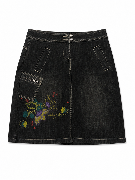 Jupe en jean noire brodée fleurs et papillon