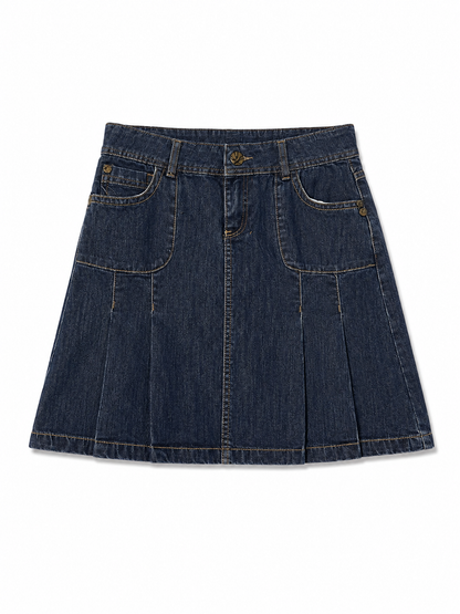 Jupe courte en jean bleu foncé à plis