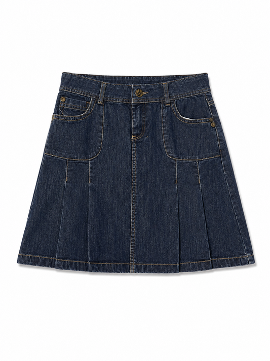 Jupe courte en jean bleu foncé à plis