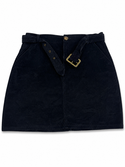 Jupe courte en velours côtelé bleu marine avec ceinture